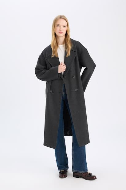 Oversize Fit Jacket Collar Button Closure Long Cachet Jacket (3)