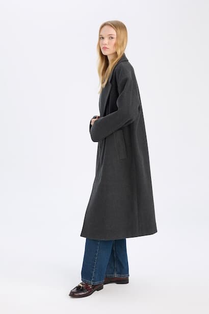 Oversize Fit Jacket Collar Button Closure Long Cachet Jacket (4)