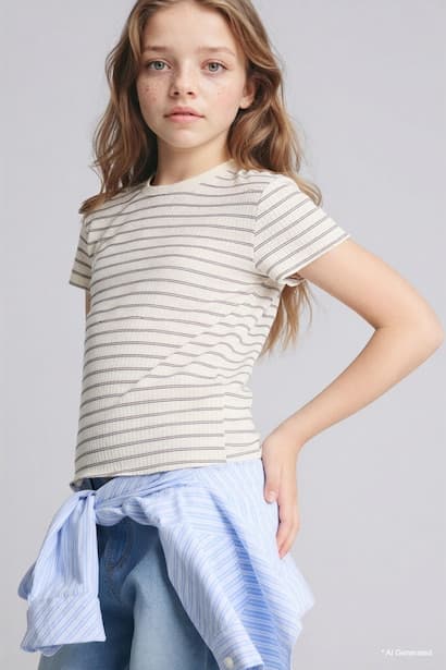 Girl Slim Fit Ribbed Striped T-Shirt