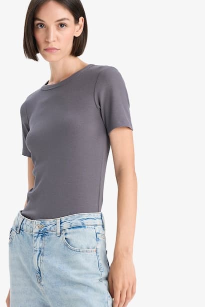 Slim Fit Basic Ribbed Camisole Short Sleeve T-Shirt (4)