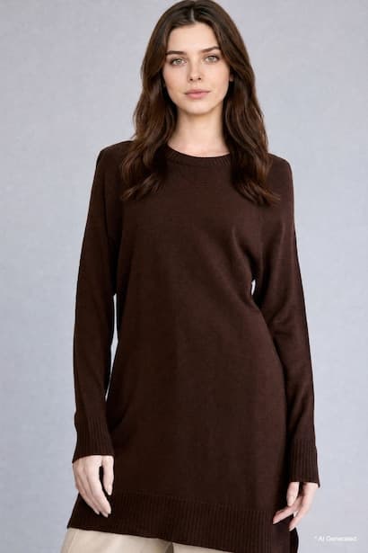 Regular Fit Crew Neck Brown Knit Tunic