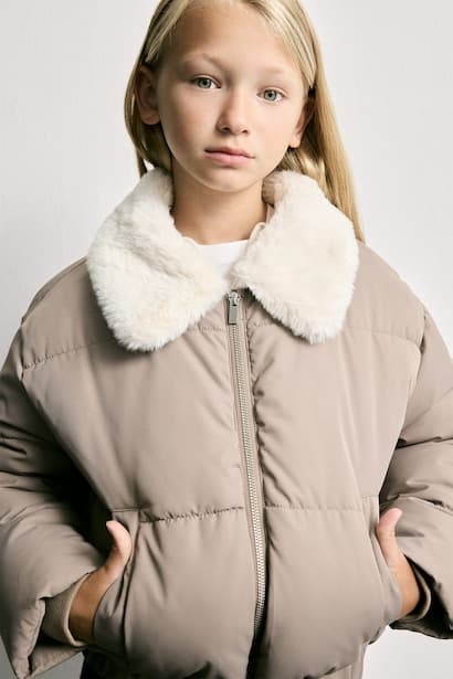 Girl Water-Repellent Faux Fur Collar  Zip-Up Puffer Jacket Coat