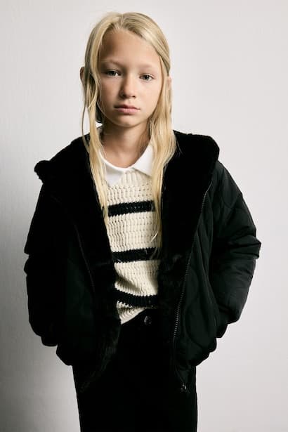 Reversible Hooded Quilted with Pockets Black Faux Fur Jacket Coat (٣)