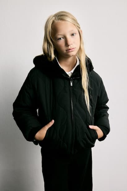Reversible Hooded Quilted with Pockets Black Faux Fur Jacket Coat (٤)