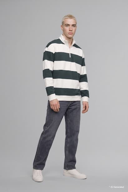 Boxy Fit Mock Neck Half-Zip Striped Sweatshirt