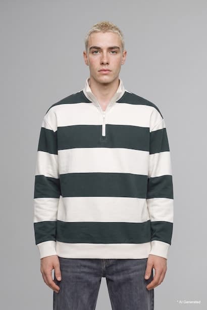 Boxy Fit Mock Neck Half-Zip Striped Sweatshirt (٣)