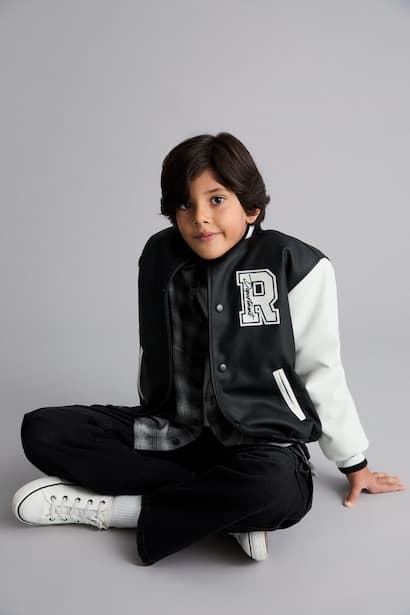 Boy College Collar Waterproof Zip-Up Faux Leather Bomber Jacket