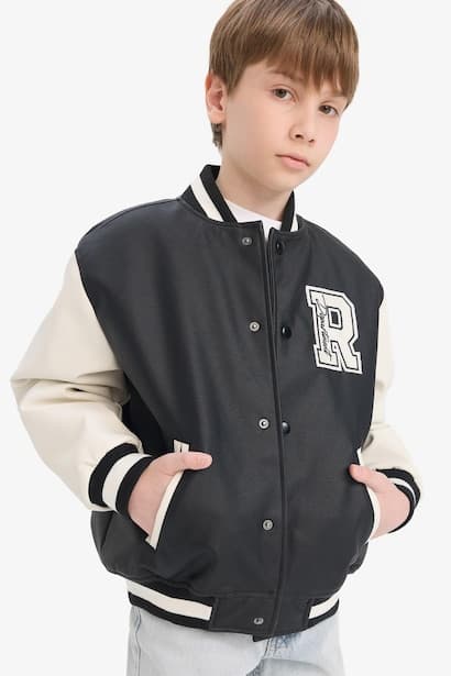 Boy College Collar Waterproof Zip-Up Faux Leather Bomber Jacket (3)