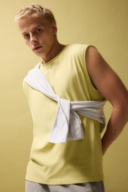 Boxy Fit 100% Cotton Yellow Crew Neck Sleeveless Tank Top (٣)