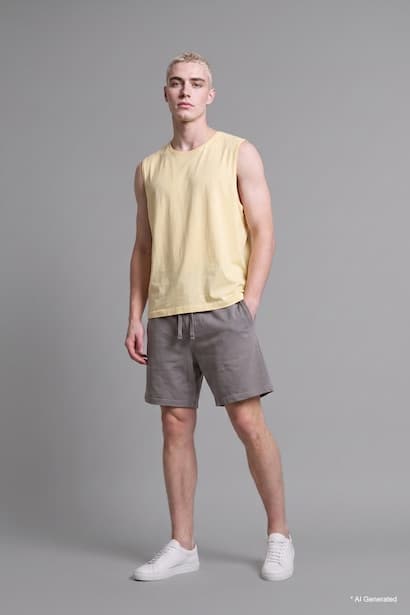 Boxy Fit 100% Cotton Yellow Crew Neck Sleeveless Tank Top (٤)