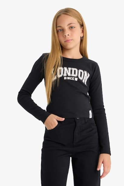 Girl Slim Fit Crew Neck Slogan Printed Ribbed T-Shirt
