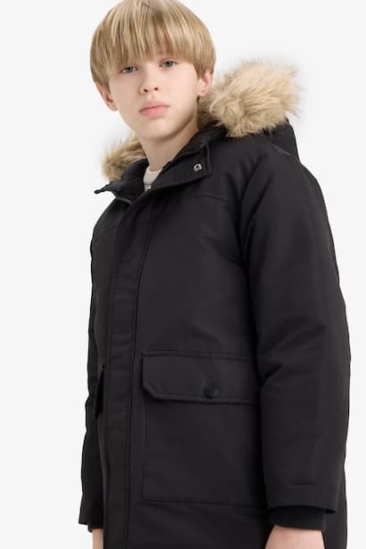Boy Hooded Plush Lined with Removable Faux Fur Collar Rain Coat