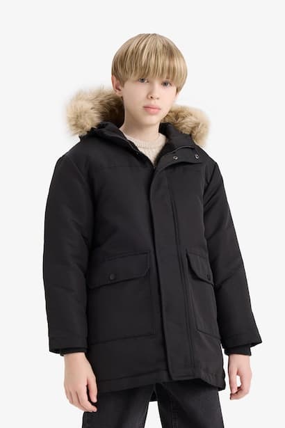 Boy Hooded Plush Lined with Removable Faux Fur Collar Rain Coat (3)