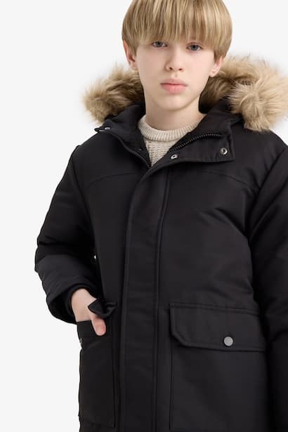 Boy Hooded Plush Lined with Removable Faux Fur Collar Rain Coat (4)