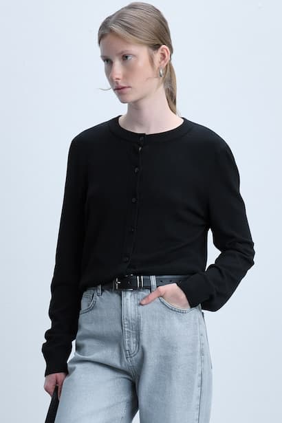 Regular Fit Black Crew Neck Cardigan