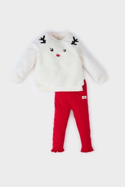 Baby Girl Christmas Themed Plush Sweatshirt Leggings 2 Piece Set