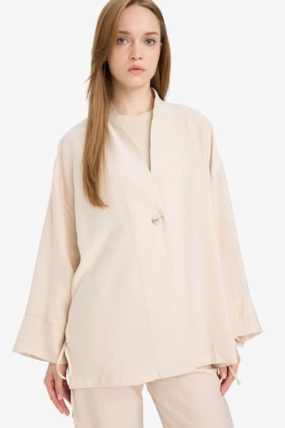 Relax Fit Crinkle Fabric Long Sleeve Tunic Modest