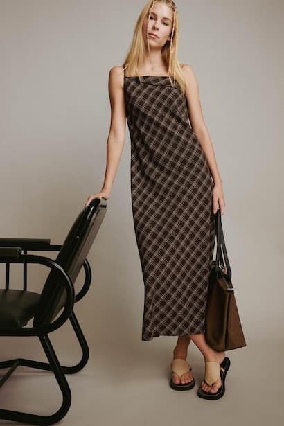 Cross Neck Plaid Strappy Midi Dress