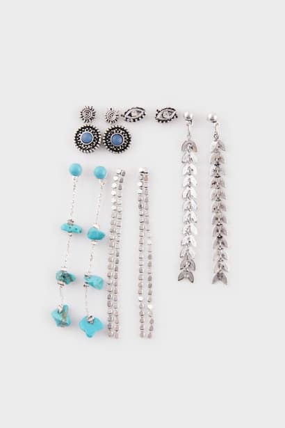 Woman Blue Stone 6 Piece Silver Earrings Jewellery