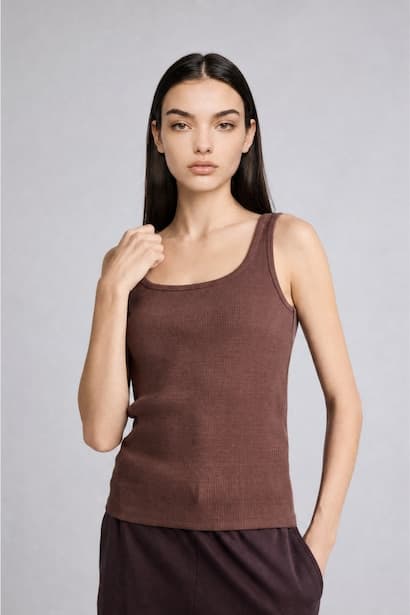 Slim Cotton Fit Basic Ribbed Brown Top Tank Top & Crop Top (٣)