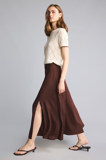 A Cut Linen Blended Normal Waist Maxi Skirt