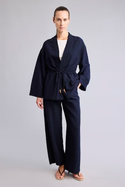 Elastic Waist Linen Blend Trousers