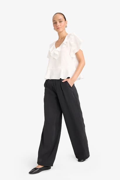 Carrot Fit High Waist Wide Leg Modal Trousers (٣)