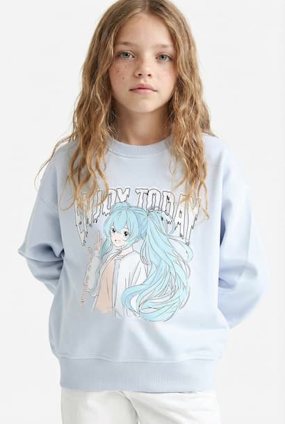 Girl Relax Fit Crew Neck Anime Print Sweatshirt