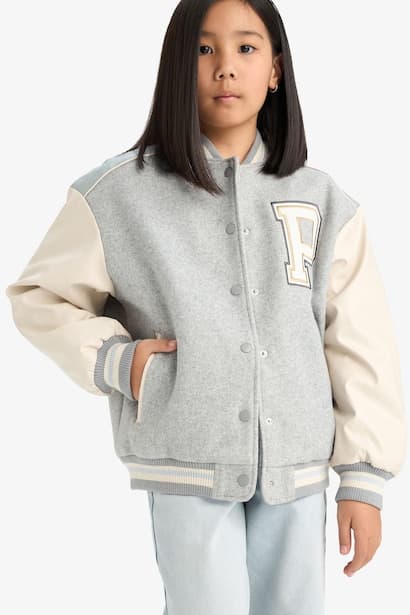 Girl College Collar Back Printed Bomber Jacket Coat (٤)