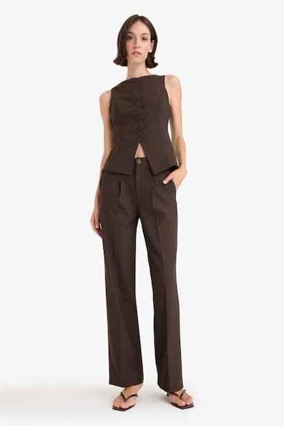 Wide Leg Zippered High Waist Trousers (٣)