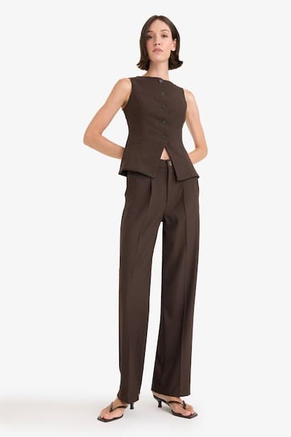 Wide Leg Zippered High Waist Trousers (٤)