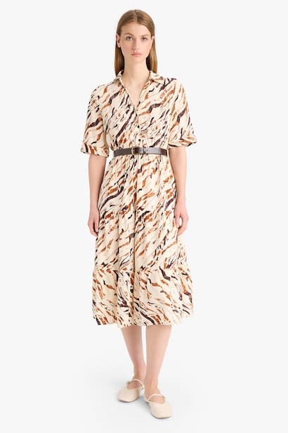 Shirt Collar Animal Print Half Sleeve Midi Dress