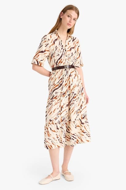 Shirt Collar Animal Print Half Sleeve Midi Dress (3)
