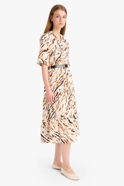 Shirt Collar Animal Print Half Sleeve Midi Dress (4)