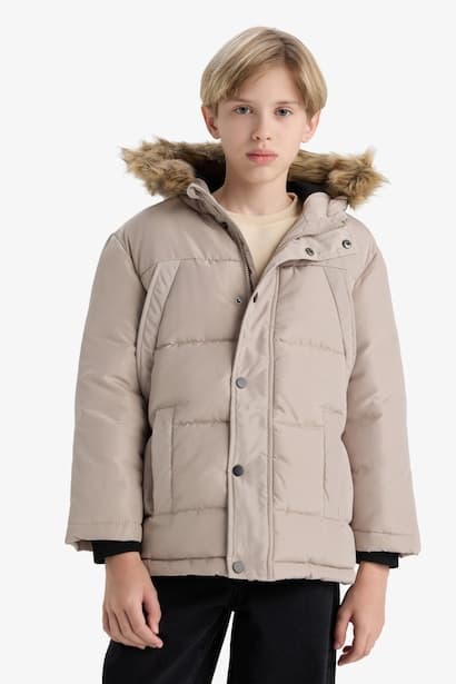 Boy Hooded with Removable Faux Fur collar Fleece Lined Puffer Jacket Coat