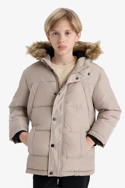 Boy Hooded with Removable Faux Fur collar Fleece Lined Puffer Jacket Coat (٣)