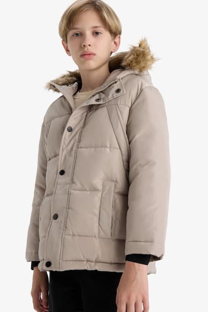 Boy Hooded with Removable Faux Fur collar Fleece Lined Puffer Jacket Coat (٤)