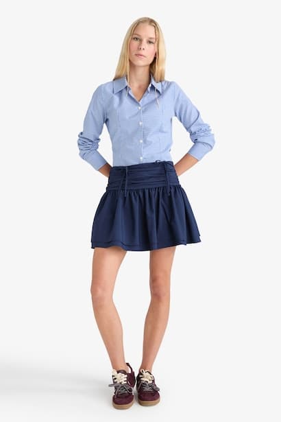 Normal Waist Cotton Lined Poplin Mini Skirt (٣)