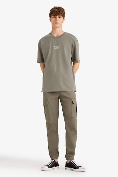 Regular Fit Elastic Waist Gabardine Cargo Pants Trousers