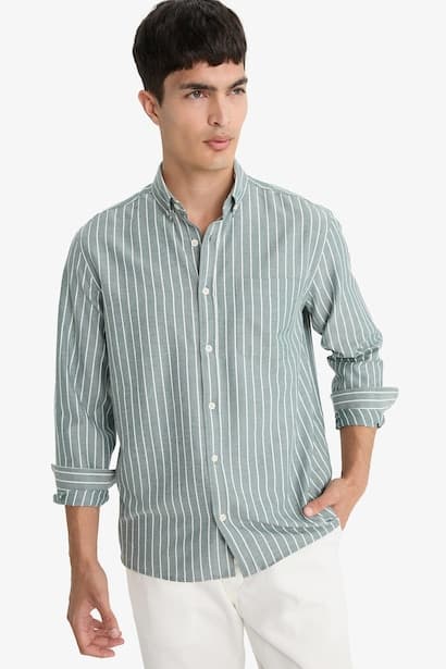 Regular Fit Polo Neck Woven Striped Shirt