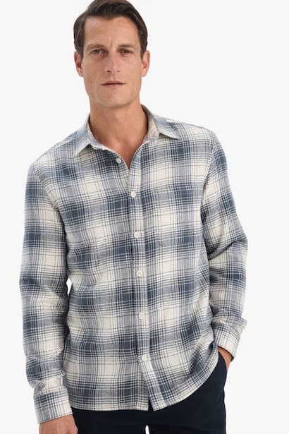 Regular Fit Polo Collar Plaid Flanel Long Sleeve Shirt