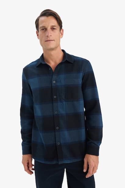 Regular Fit Polo Collar Plaid Flanel Long Sleeve Shirt (٣)