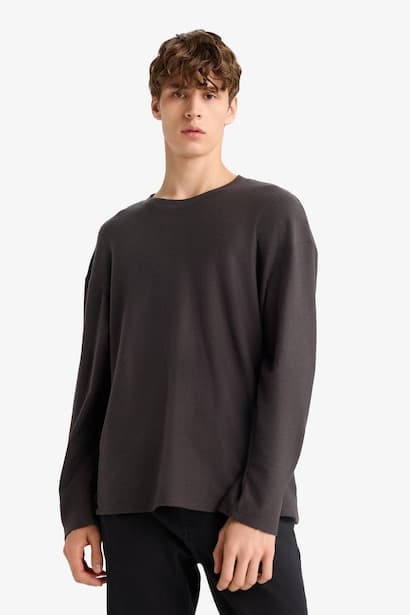 Boxy Fit Crew Neck Cotton Long Sleeve T-Shirt (٤)