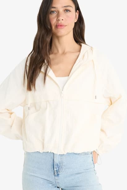 Regular Fit Hooded Zip-Up Crop Raincoat