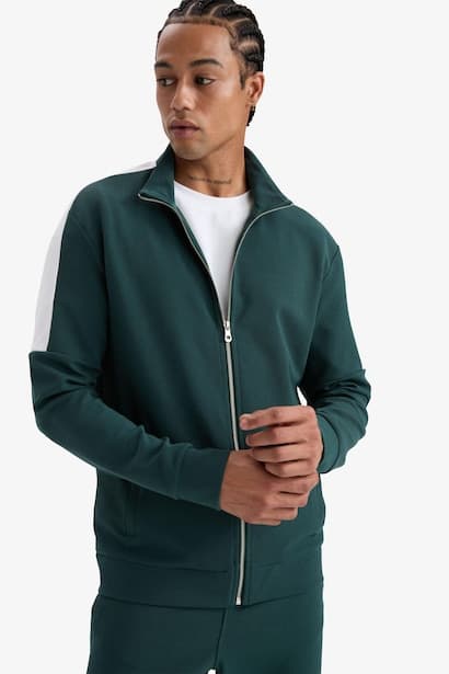 Standard Fit Stand Collar Zip-Up Sweatshirt Cardigan (٤)