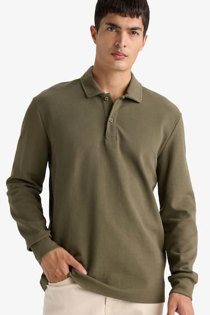 Regular Fit Waffle Polo Collar Long Sleeve Sweatshirt