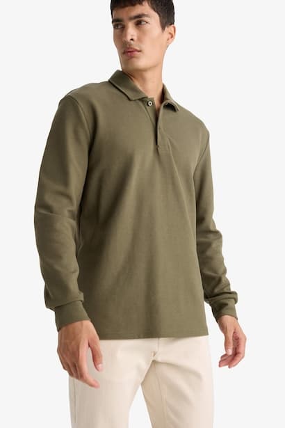 Regular Fit Waffle Polo Collar Long Sleeve Sweatshirt (٣)