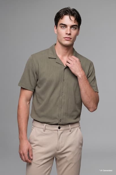 Modern Fit Resort Neck Crinkle Fabric Short Sleeve Shirt