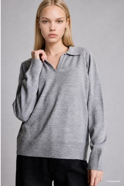 Regular Fit Heather Grey Knitted Polo Collar Sweater Pullover
