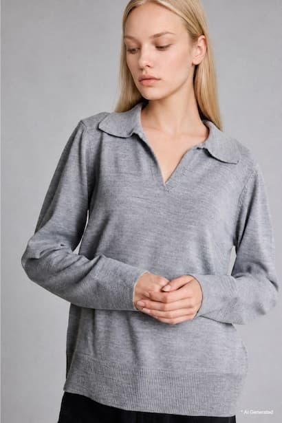 Regular Fit Heather Grey Knitted Polo Collar Sweater Pullover (٣)